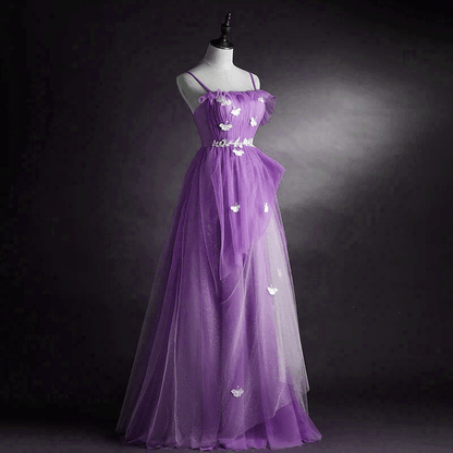 Beaira Purple Tulle Long Straps Party Dress A-line Purple Prom Dress Evening Dress prom dresses with long sleeves