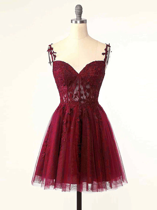 Beaira Wine Red Straps Tulle Short Party Dress Wine Red Homecoming Dress prom dresses shops