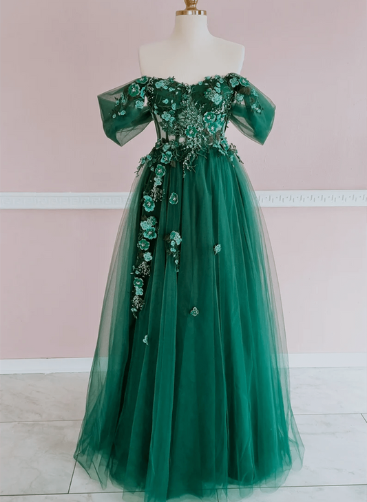 Beaira Green Tulle with Lace Applique Off Shoulder Party Dress A-line Green Prom Dress prom dresses with long sleeves