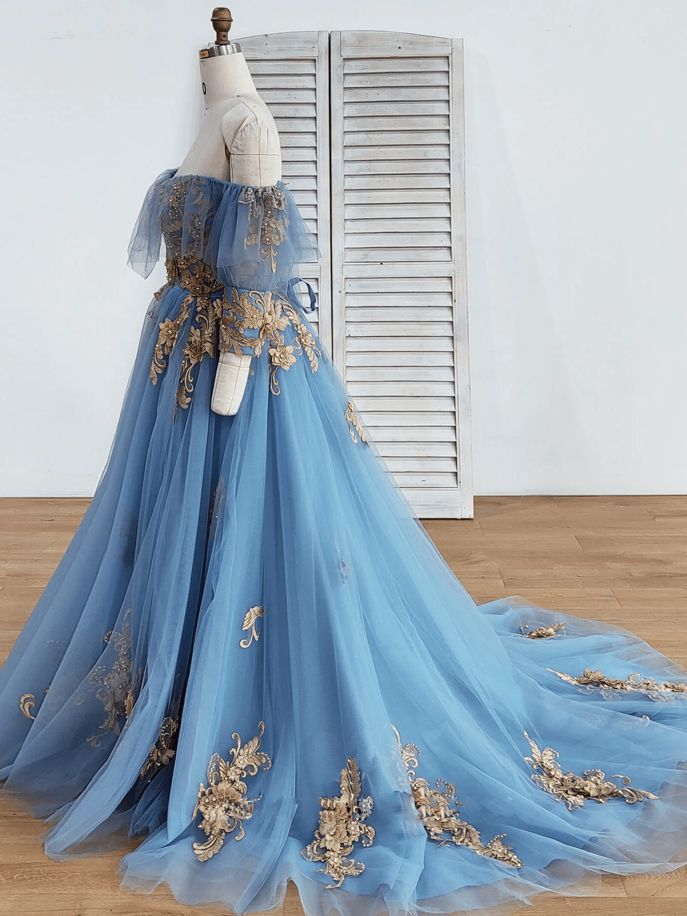 Beaira Blue Sweetheart Tulle with Gold Lace Long Party Dress Blue Tulle Prom Dress prom dresses with long sleeves