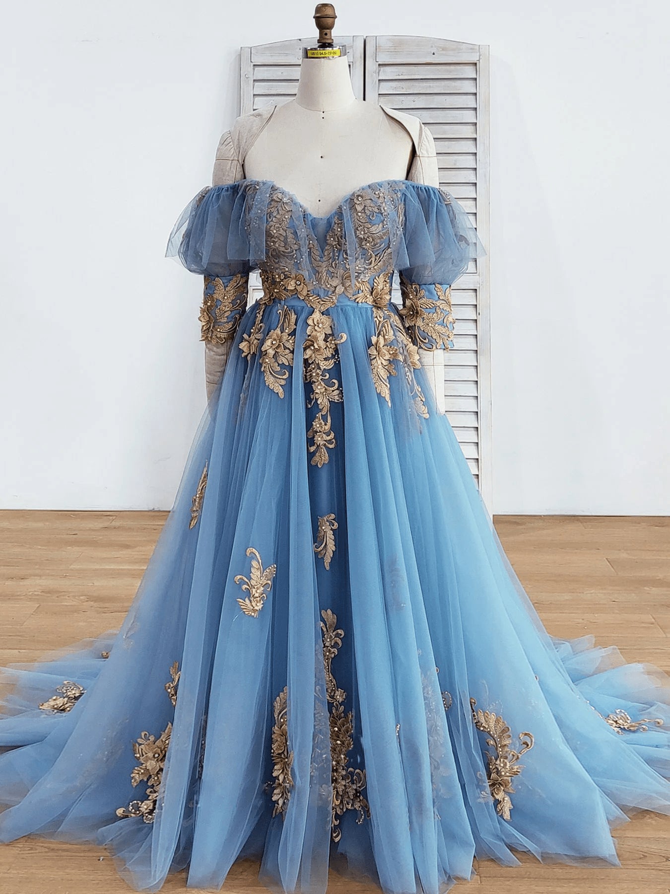 Beaira Blue Sweetheart Tulle with Gold Lace Long Party Dress Blue Tulle Prom Dress prom dresses with long sleeves