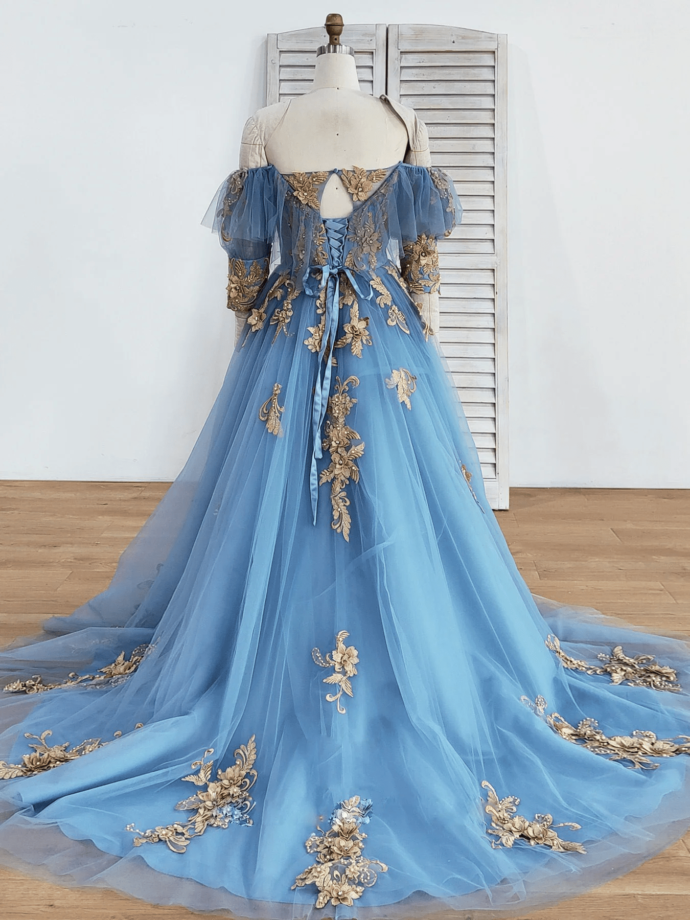 Beaira Blue Sweetheart Tulle with Gold Lace Long Party Dress Blue Tulle Prom Dress prom dresses with long sleeves