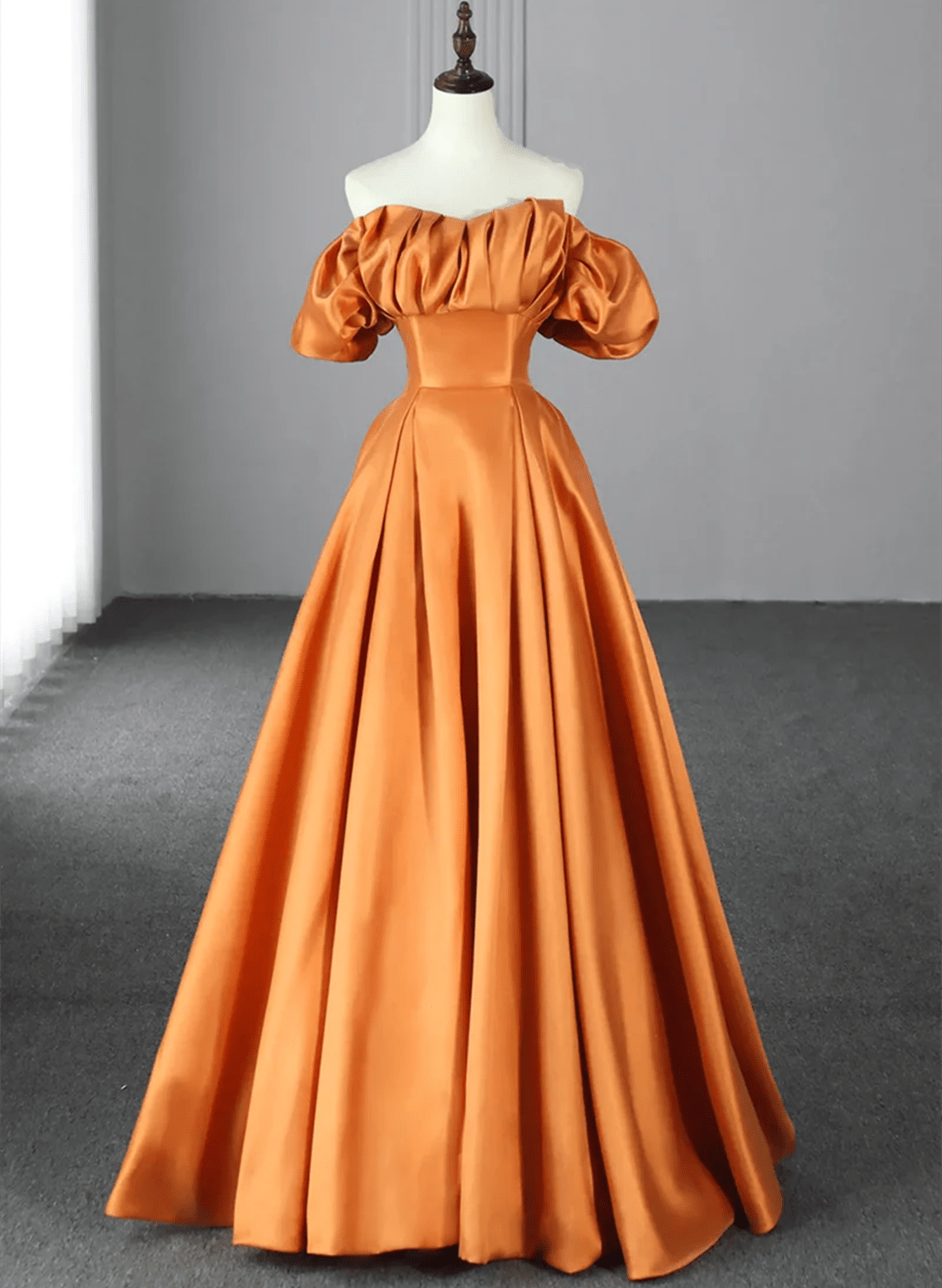 Beaira Orange Satin A-Line Floor Length Prom Dress Off the Shoulder Long Formal Dress prom dresses with long sleeves