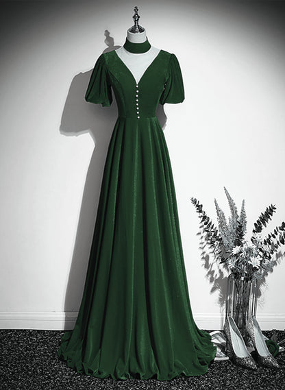 Beaira A-line Green Velvet High Neckline Long Party Dress Green Velvet Prom Dress prom dresses with long sleeves