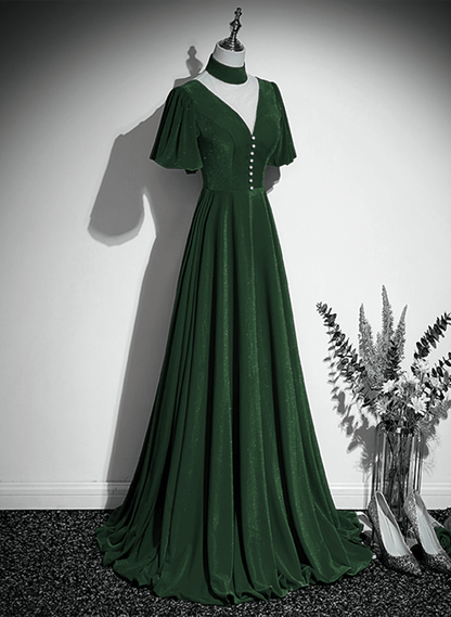 Beaira A-line Green Velvet High Neckline Long Party Dress Green Velvet Prom Dress prom dresses with long sleeves