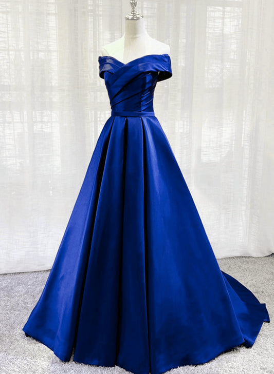 Beaira Royal Blue Satin Off Shoulder Long Party Dress Blue Simple Prom Dress prom dresses with long sleeves