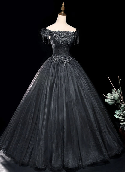 Beaira Black Off Shoulder Tulle Long Formal Dress Black Tulle Ball Gown Prom Dress prom dresses with long sleeves