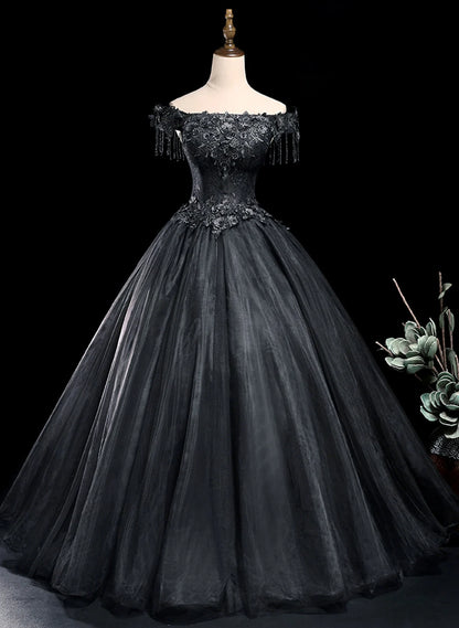 Beaira Black Off Shoulder Tulle Long Formal Dress Black Tulle Ball Gown Prom Dress prom dresses with long sleeves