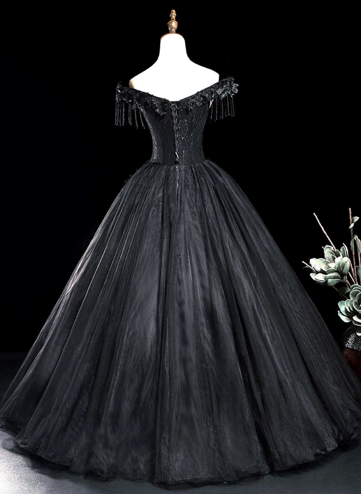 Beaira Black Off Shoulder Tulle Long Formal Dress Black Tulle Ball Gown Prom Dress prom dresses with long sleeves