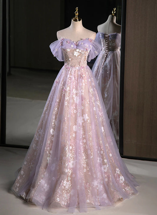 Beaira Light Purple Floral Tulle Off Shoulder Party Dress Light Purple Tulle Prom Dress prom dresses with long sleeves