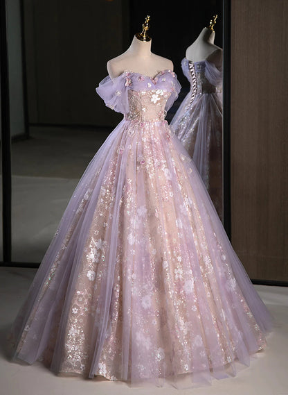 Beaira Light Purple Floral Tulle Off Shoulder Party Dress Light Purple Tulle Prom Dress prom dresses with long sleeves