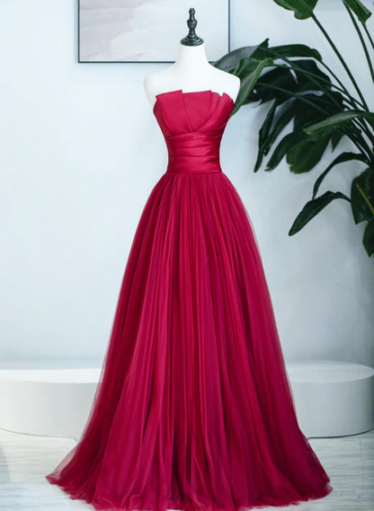 Beaira Dark Red Strapless Tulle and Satin Prom Dress Dark Red Long Formal Dress prom dresses with long sleeves