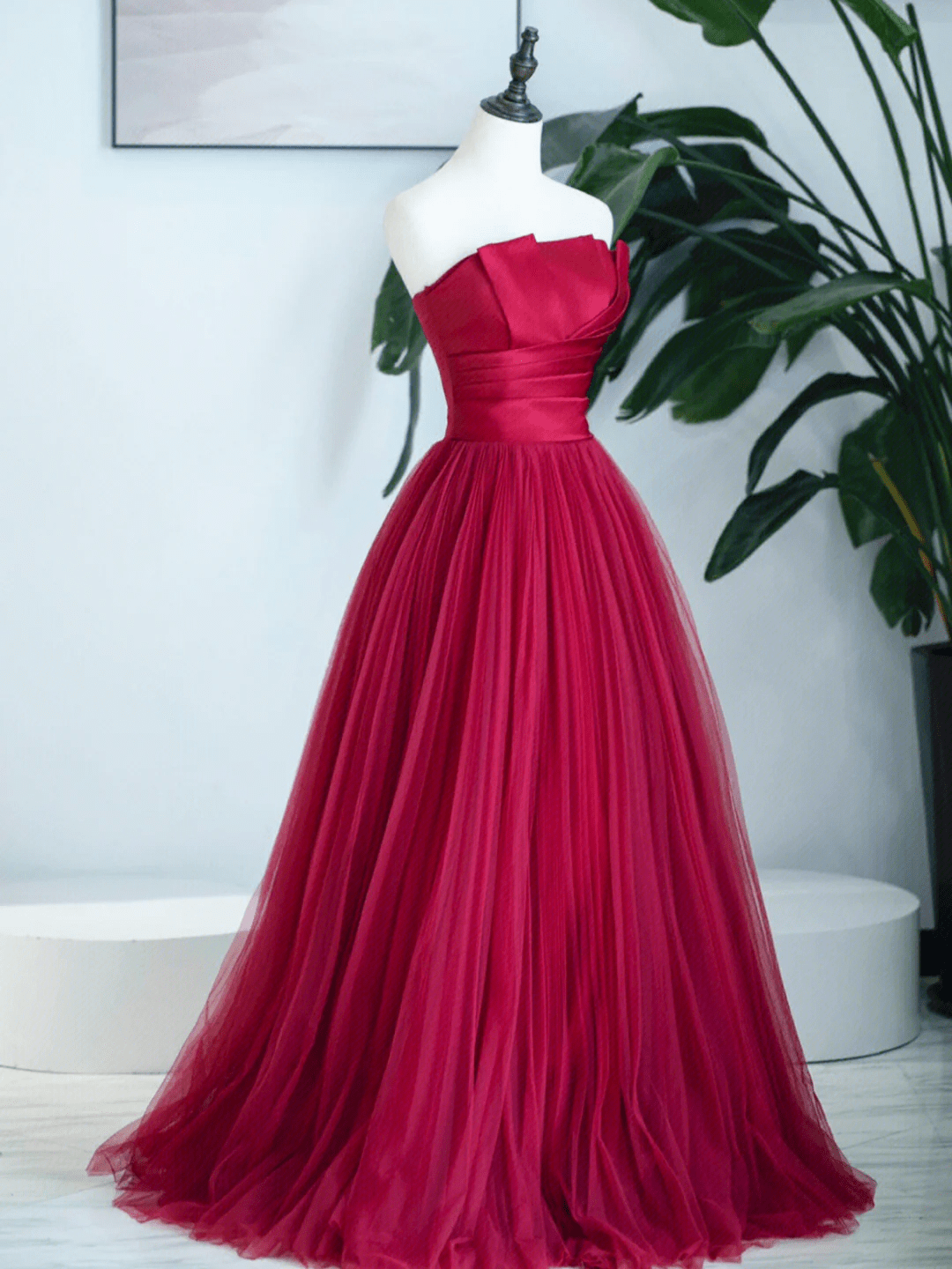 Beaira Dark Red Strapless Tulle and Satin Prom Dress Dark Red Long Formal Dress prom dresses with long sleeves