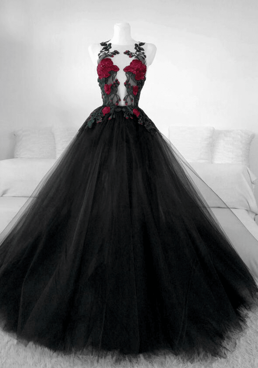 Beaira Black Tulle With Lace Applique Long Formal Gown Black Party Dress Prom Dress prom dresses with long sleeves