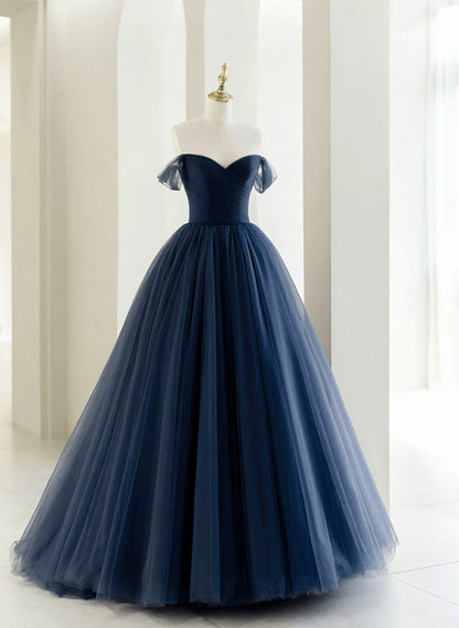 Beaira Navy Blue Tulle Off Shoulder Long Party Dress A-line Blue Formal Dress Prom Dress prom dresses with long sleeves