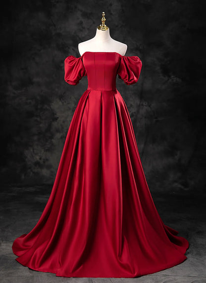 Beaira Red Satin A-line Long Party Dress Red Long Formal Dress Prom Dress prom dresses with long sleeves