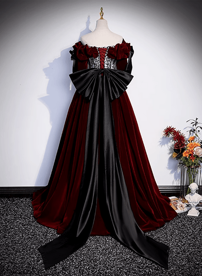 Beaira Wine Red Velvet Off Shoulder Prom Dress with Bow Wine Red Velvet Floor Length Formal Dress prom dresses with long sleeves