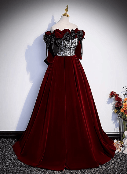 Beaira Wine Red Velvet Off Shoulder Prom Dress with Bow Wine Red Velvet Floor Length Formal Dress prom dresses with long sleeves