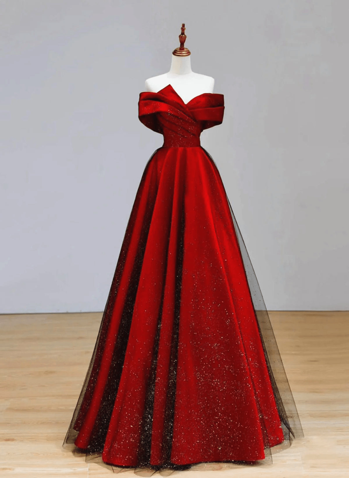 Beaira A-line Red Satin And Black Tulle Long Party Dress Simple A-Line Prom Dress prom dresses with long sleeves