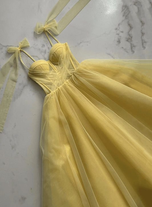 Beaira Yellow Tulle Sweetheart Long Prom Dress Yellow Tulle Formal Dress Evening Dress prom dresses with long sleeves