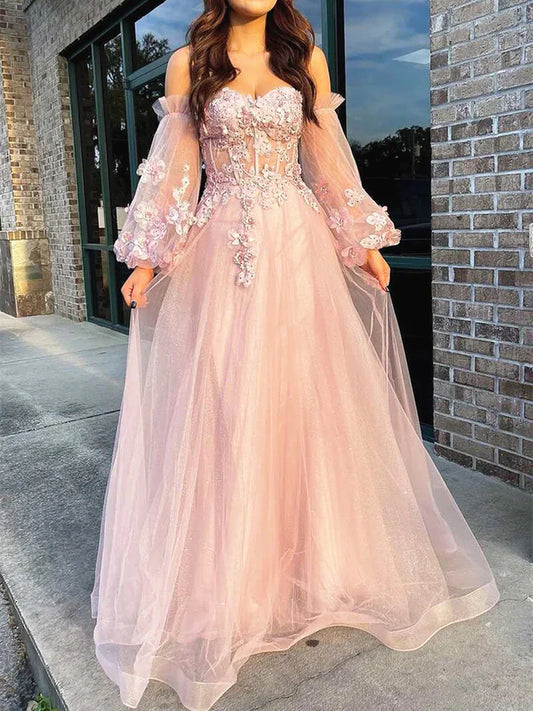 Beaira Pink Puffy Sleeves Tulle Long Party Dress A-line Pink Evening Dress Prom Dress prom dresses with long sleeves