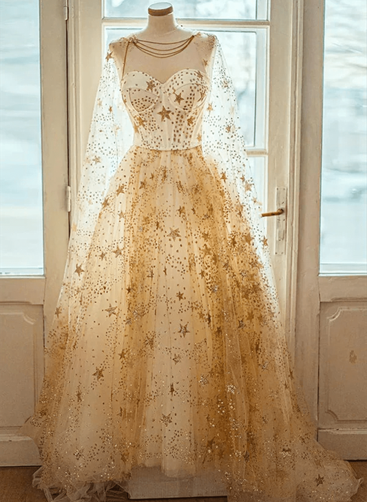 Beaira Light Champagne Tulle Long Prom Dress With Stars Unique Sparkly Eveing Dress prom dresses with long sleeves