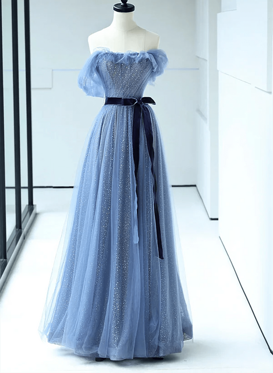 Beaira A-line Blue Off Shoulder Floor Length Prom Dress Blue Strapless Tulle Evening Dress prom dresses with long sleeves