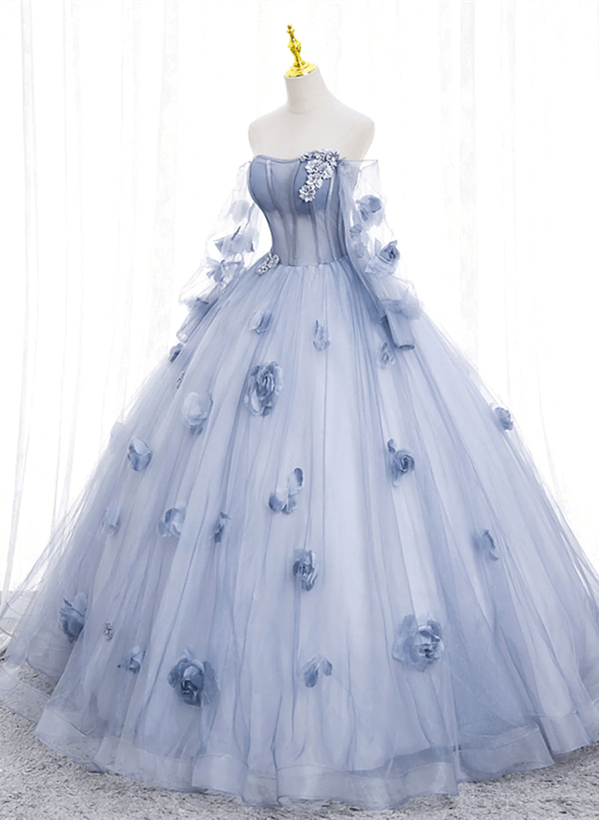 Beaira Light Blue Flowers Tulle Off Shoulder Long Formal Dress Blue Sweet 16 Dress prom dresses with long sleeves