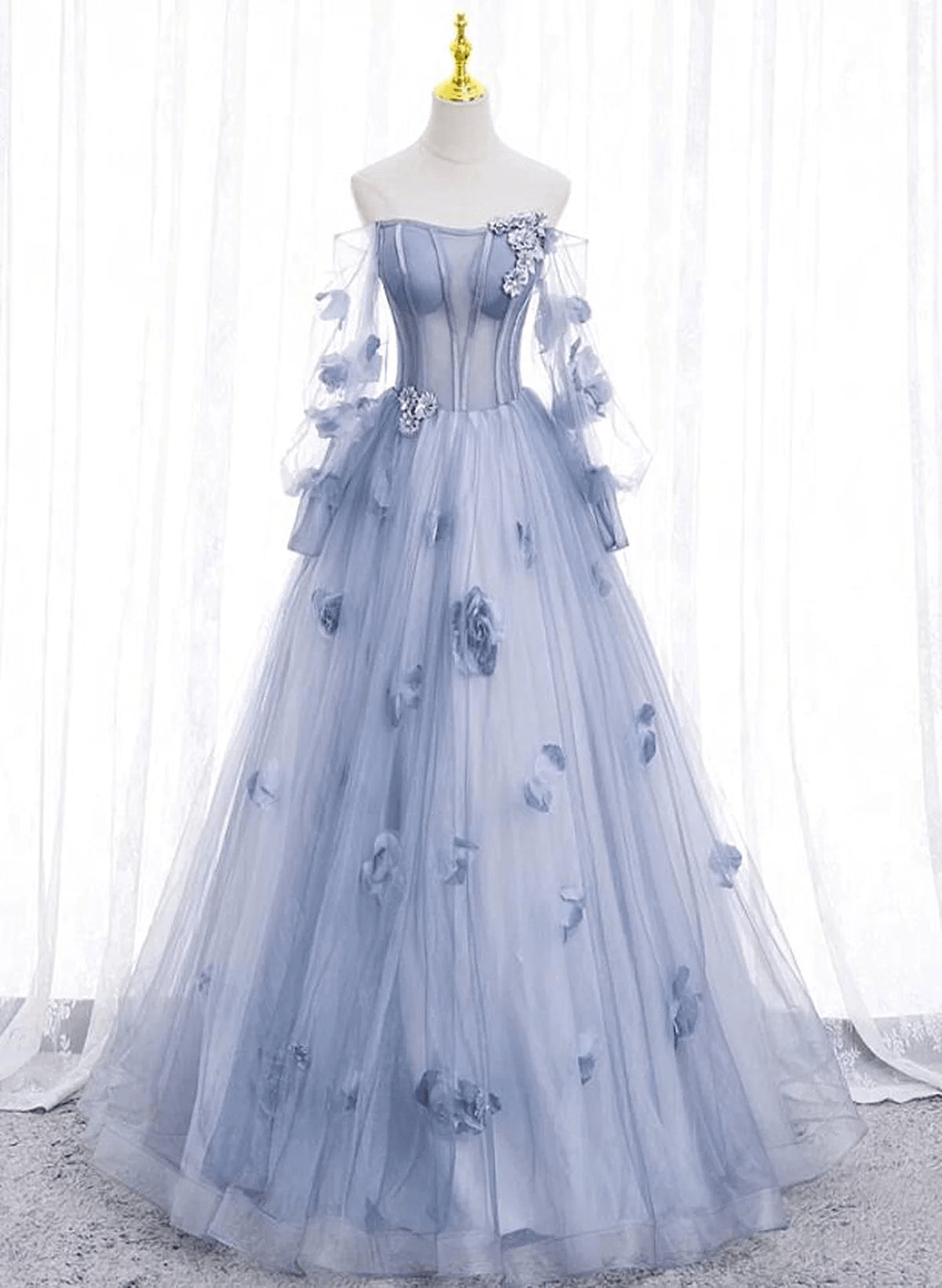 Beaira Light Blue Flowers Tulle Off Shoulder Long Formal Dress Blue Sweet 16 Dress prom dresses with long sleeves