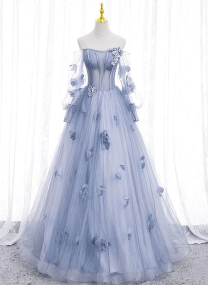 Beaira Light Blue Flowers Tulle Off Shoulder Long Formal Dress Blue Sweet 16 Dress prom dresses with long sleeves