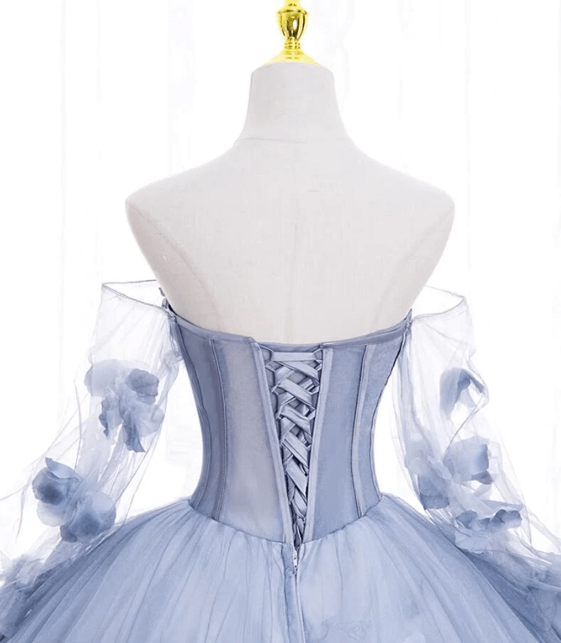 Beaira Light Blue Flowers Tulle Off Shoulder Long Formal Dress Blue Sweet 16 Dress prom dresses with long sleeves