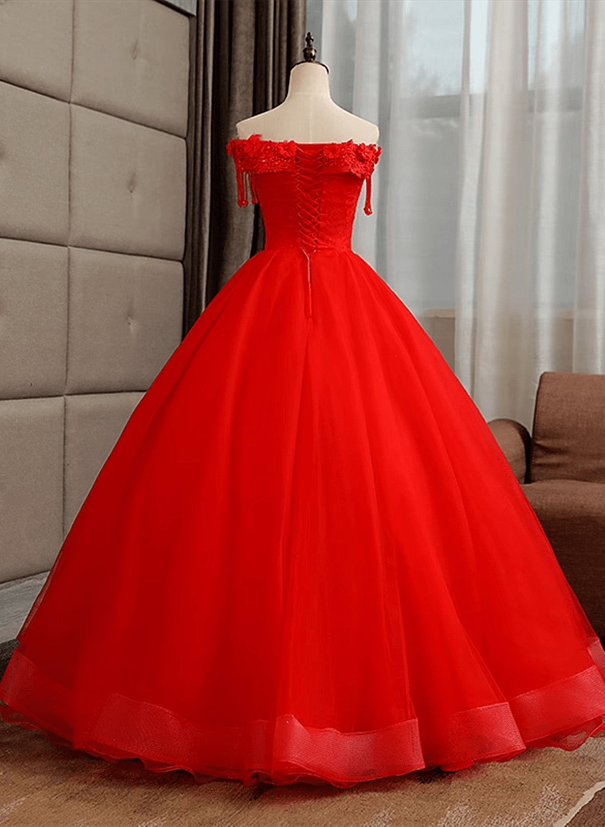 Beaira Red Off Shoulder Ball Gown Tulle Sweet 16 Dress Red Tulle Long Party Dress prom dresses with long sleeves