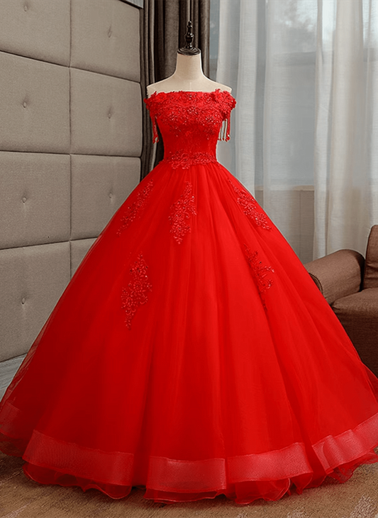 Beaira Red Off Shoulder Ball Gown Tulle Sweet 16 Dress Red Tulle Long Party Dress prom dresses with long sleeves