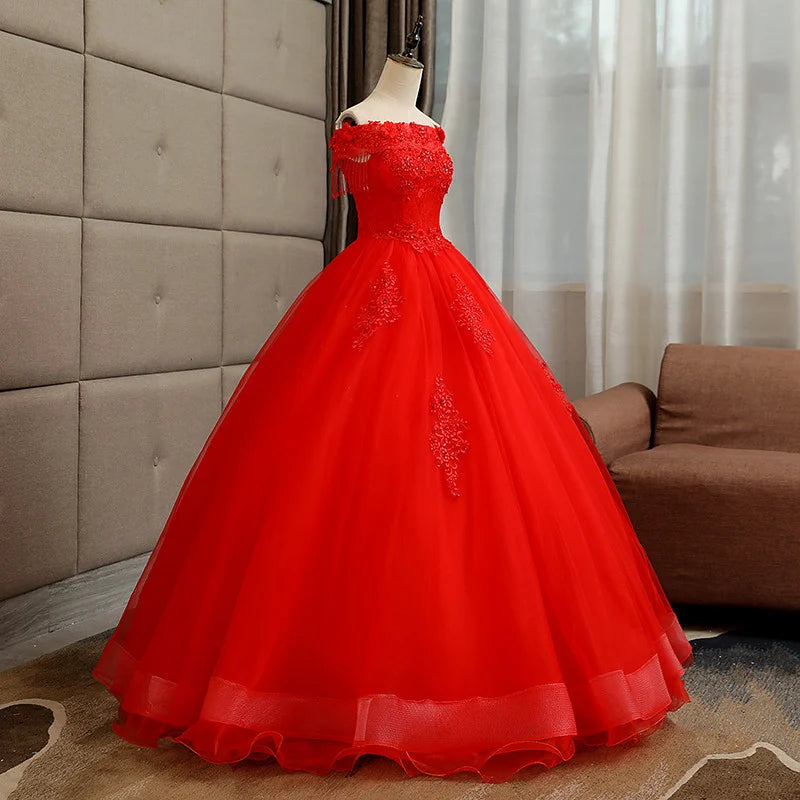 Beaira Red Off Shoulder Ball Gown Tulle Sweet 16 Dress Red Tulle Long Party Dress prom dresses with long sleeves