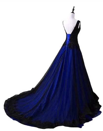 Beaira Black and Blue V-neckline Lace and Tulle Applique Long Party Dress Black and Blue Prom Dress prom dresses with long sleeves