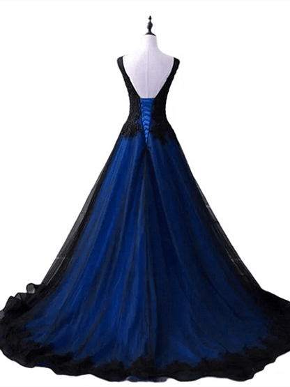 Beaira Black and Blue V-neckline Lace and Tulle Applique Long Party Dress Black and Blue Prom Dress prom dresses with long sleeves