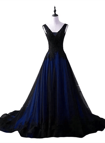 Beaira Black and Blue V-neckline Lace and Tulle Applique Long Party Dress Black and Blue Prom Dress prom dresses with long sleeves