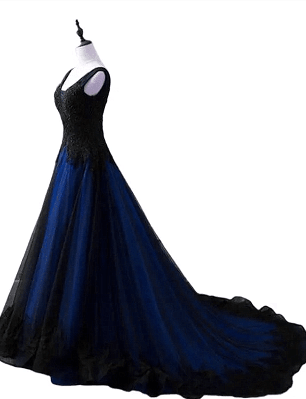 Beaira Black and Blue V-neckline Lace and Tulle Applique Long Party Dress Black and Blue Prom Dress prom dresses with long sleeves