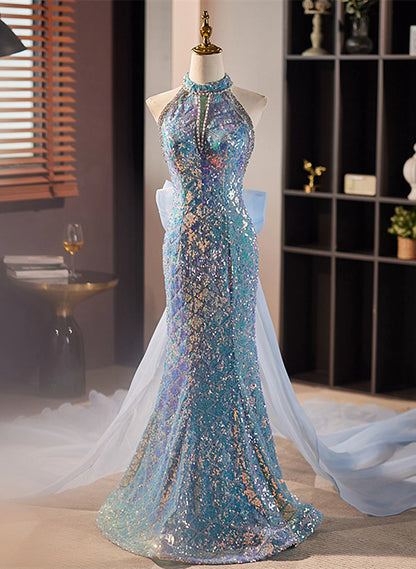 Beaira Chic Blue Mermaid Sequins Halter Long Party Dress with Bow Blue Sequins Evening Dress prom dresses with long sleeves