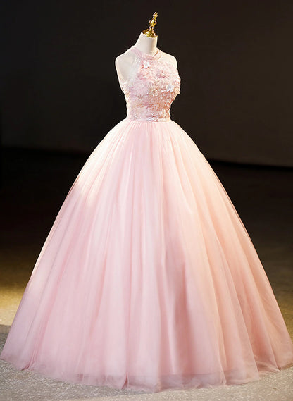 Beaira Pink Tulle Halter Ball Gown with Flowers Party Dress Pink Sweet 16 Dress prom dresses with long sleeves