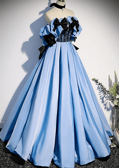 Beaira Light Blue Satin Long Off Shoulder Party Dress A-line Blue Formal Dress Prom Dress prom dresses with long sleeves