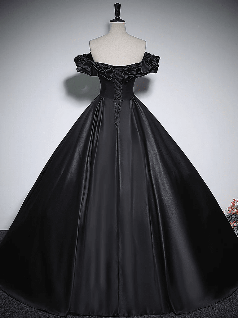 Beaira Black Off Shoulder Satin Sweetheart Party Dress Black Sweet 16 Dress Prom Dress prom dresses with long sleeves