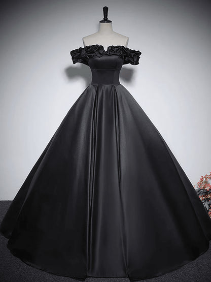 Beaira Black Off Shoulder Satin Sweetheart Party Dress Black Sweet 16 Dress Prom Dress prom dresses with long sleeves