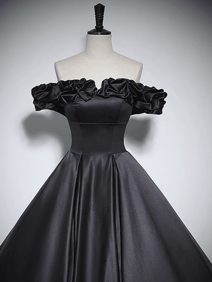 Beaira Black Off Shoulder Satin Sweetheart Party Dress Black Sweet 16 Dress Prom Dress prom dresses with long sleeves