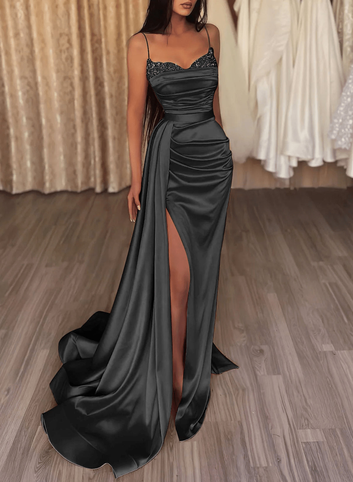 Beaira Black Soft Satin with Beadings Long Prom Dress Black Party Dress with Leg Slit prom dresses with long sleeves