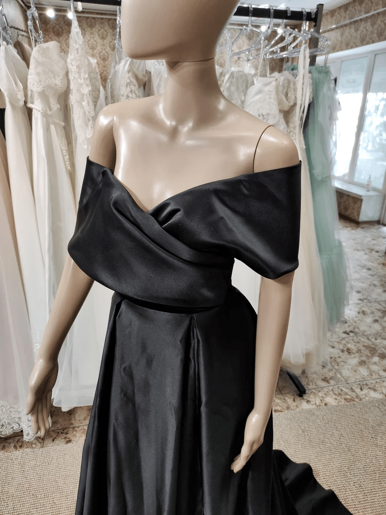 Beaira Black Satin Off Shoulder Long Formal Dress A-line Black Wedding Party Dress