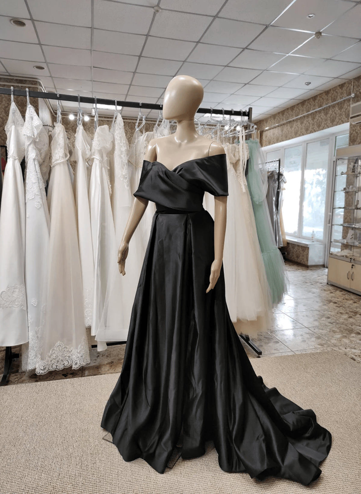 Beaira Black Satin Off Shoulder Long Formal Dress A-line Black Wedding Party Dress