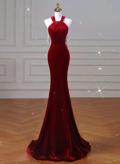 Beaira Burgundy Halter Backless Velvet Mermaid Party Dress Burgundy Evening Dress Prom Dress