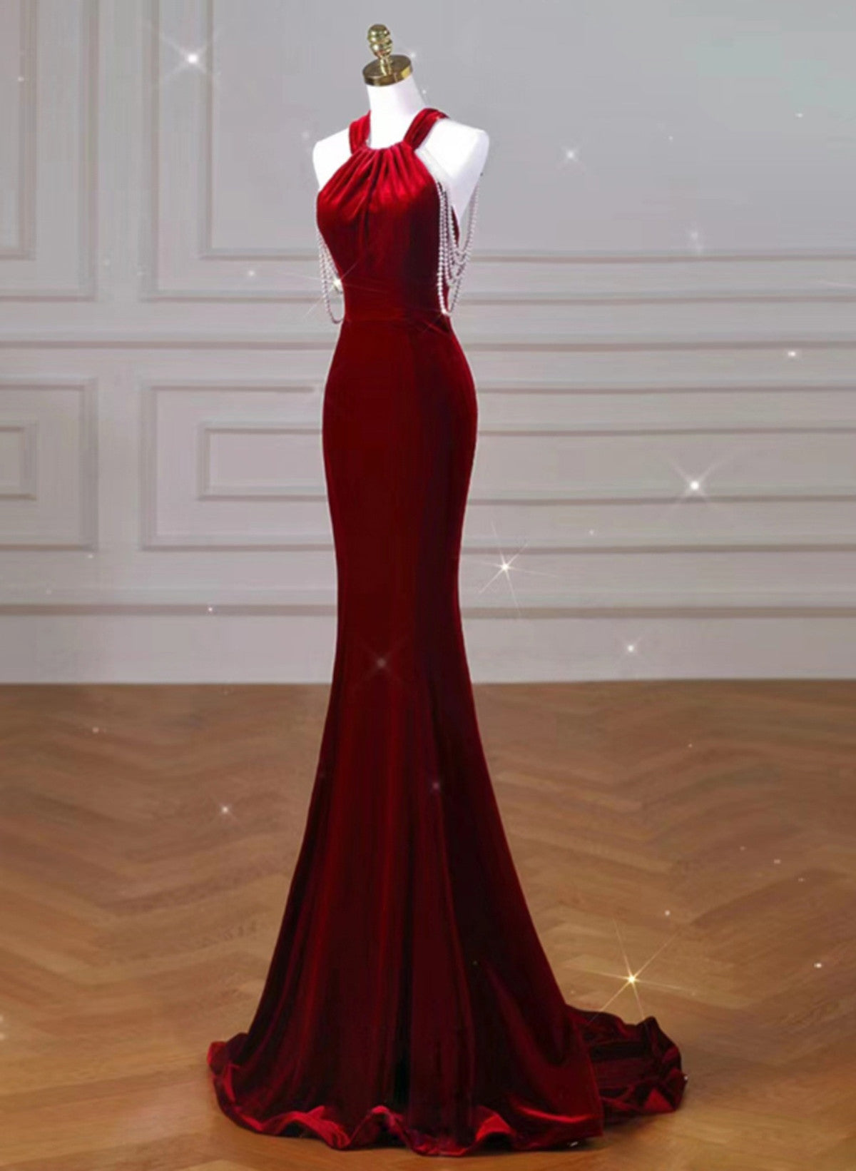 Beaira Burgundy Halter Backless Velvet Mermaid Party Dress Burgundy Evening Dress Prom Dress