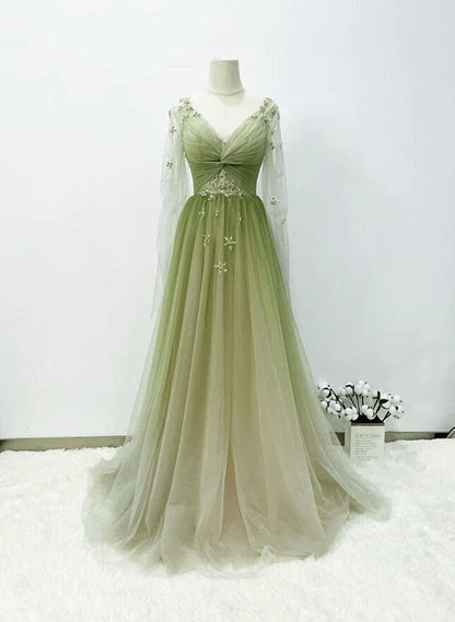 Beaira Green A-line Tulle Gradient Long Sleeves Party Dress Green A-line Long Prom Dress